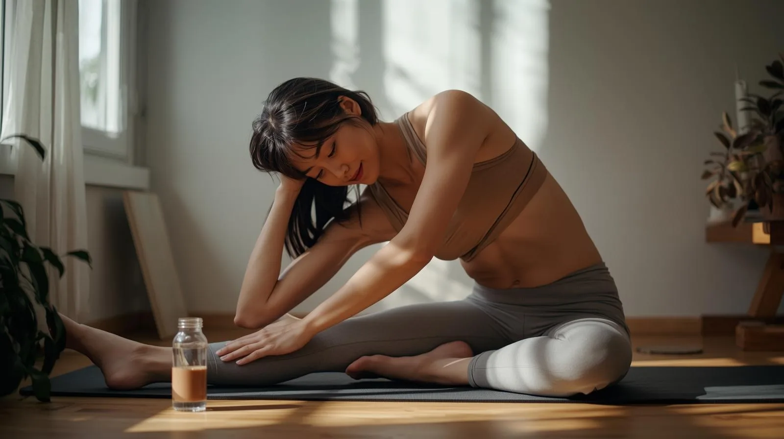 Pessoa fazendo alongamento suave em casa após treino leve, com copo de água de chia ao lado, simbolizando energia estável e recuperação.