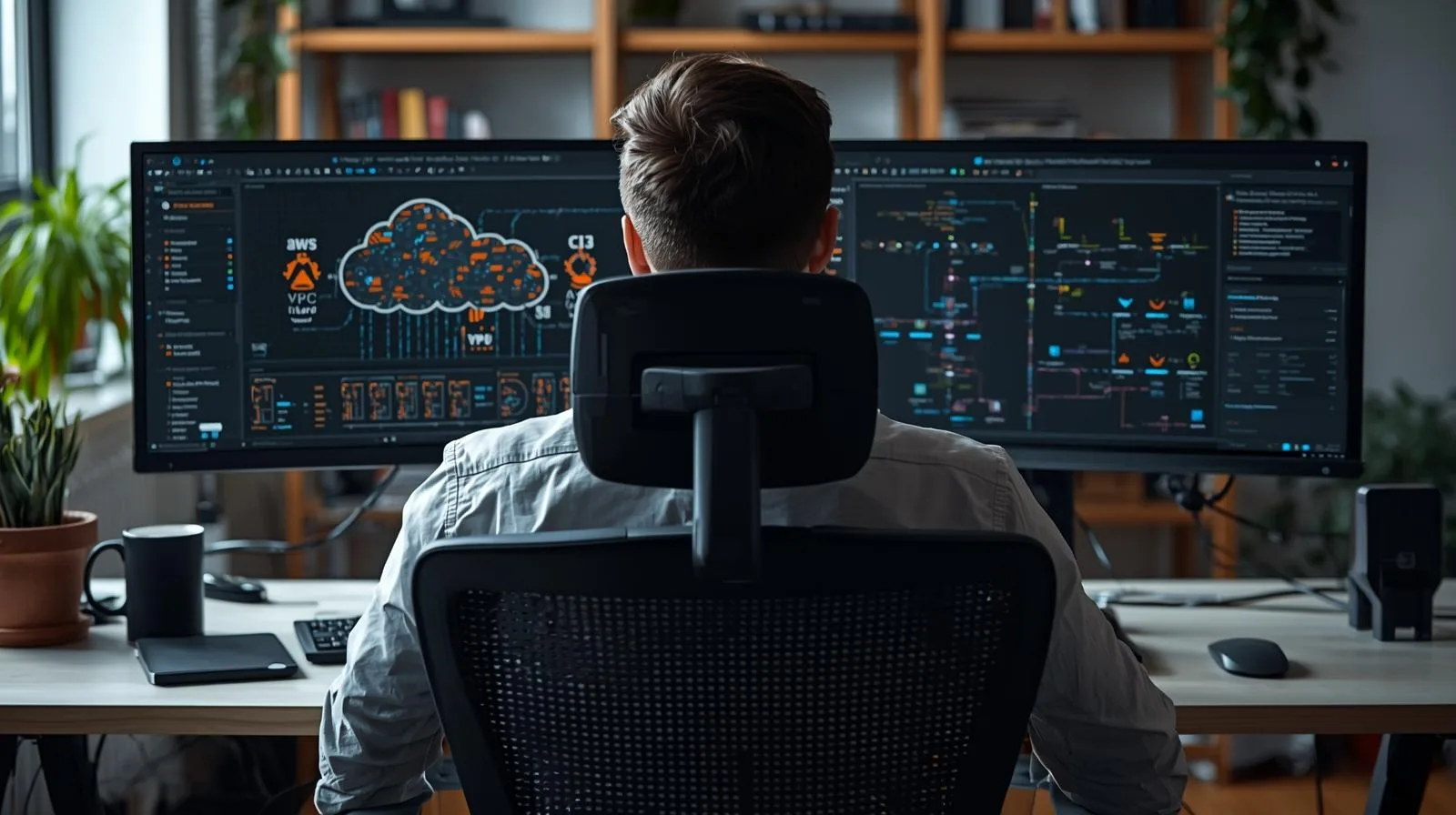 Profissional DevOps trabalhando em casa com telas mostrando arquitetura em nuvem e pipeline de automação.