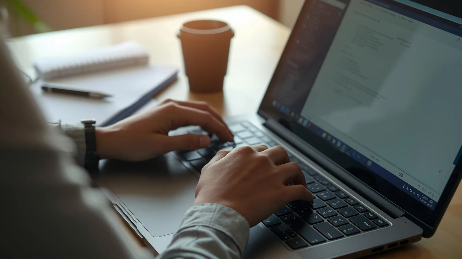 Profissional com deficiência visual usando teclado com marcadores táteis e leitor de tela em home office organizado.