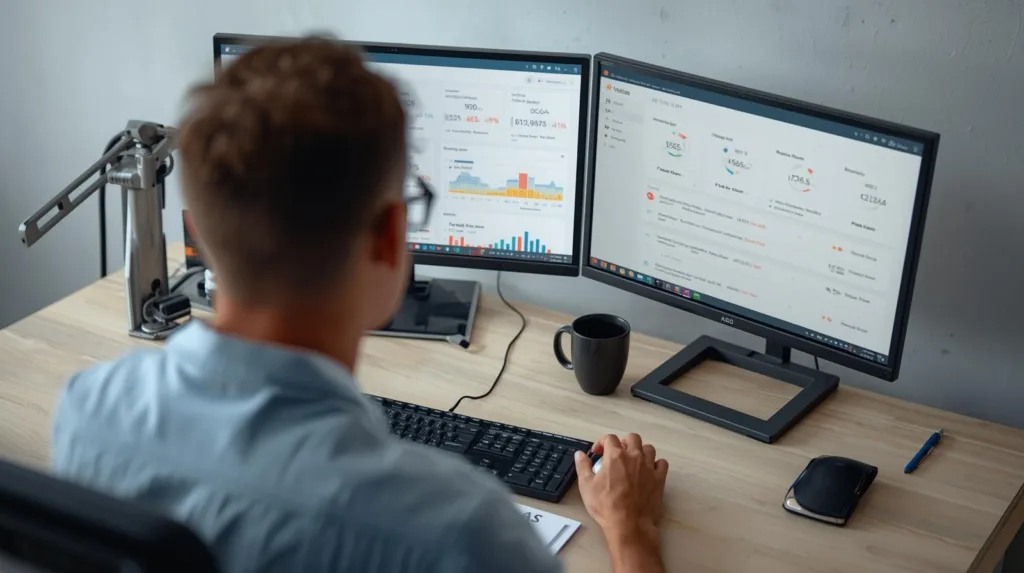 Profissional em home office com telas mostrando painel de desempenho genérico, representando trabalho remoto em empresa global.