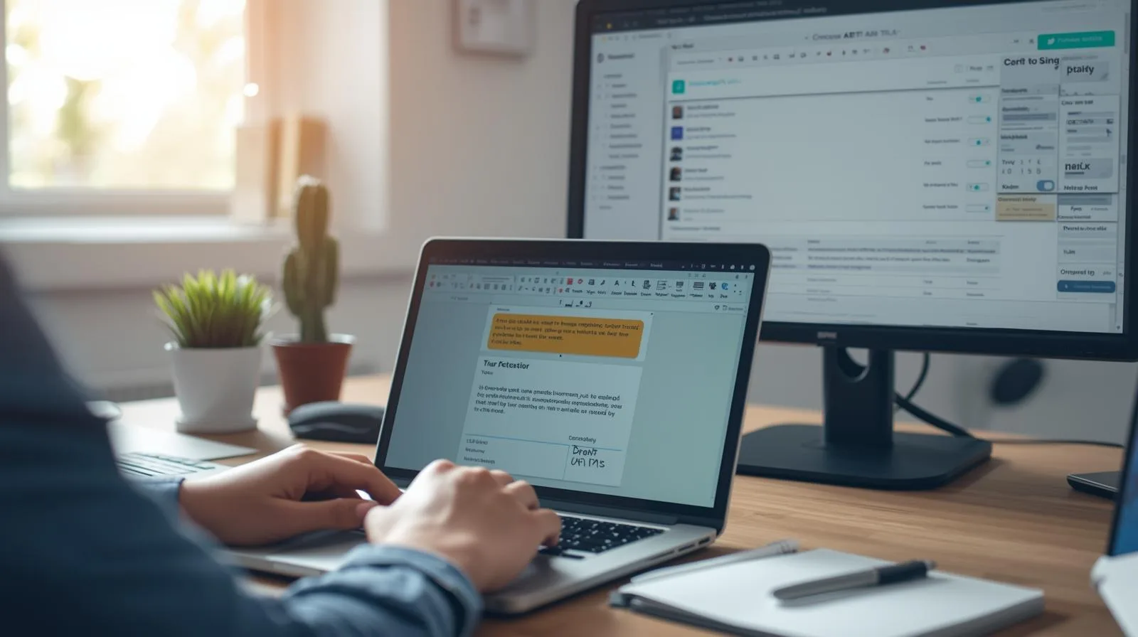 Profissional revisando texto gerado por IA em notebook, com foco em personalização e crítica, em ambiente de trabalho remoto.