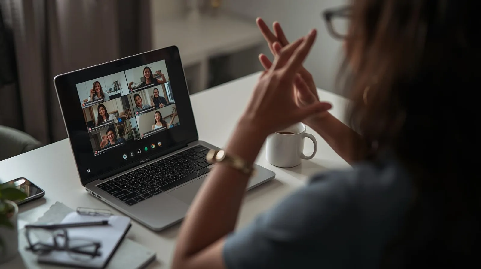 Profissional surdo trabalhando em home office, fazendo Libras durante reunião virtual com legendas ativadas na tela.