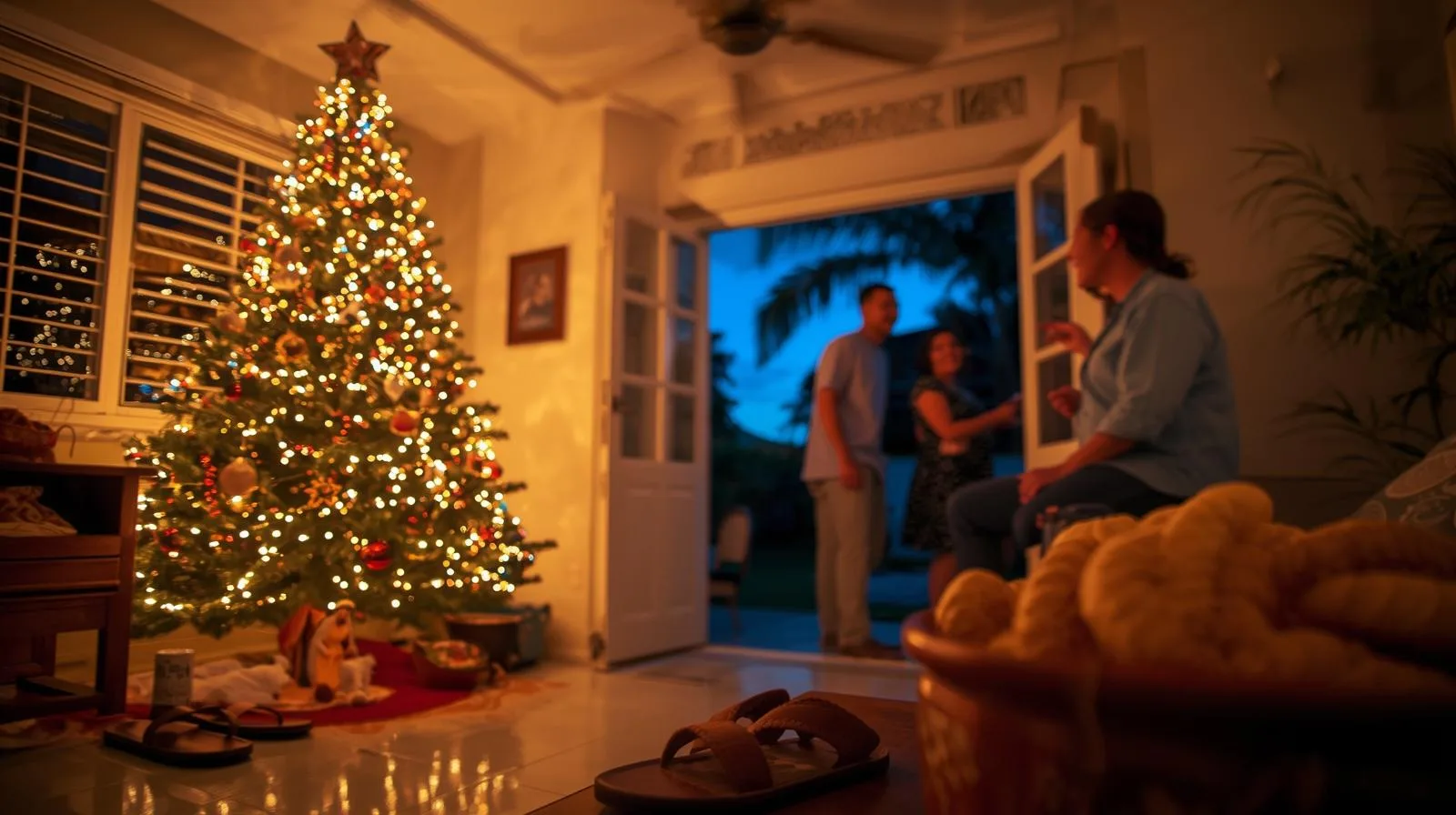 Sala de estar decorada para o Natal no Brasil, com árvore, presépio, ventilador e detalhes de verão.