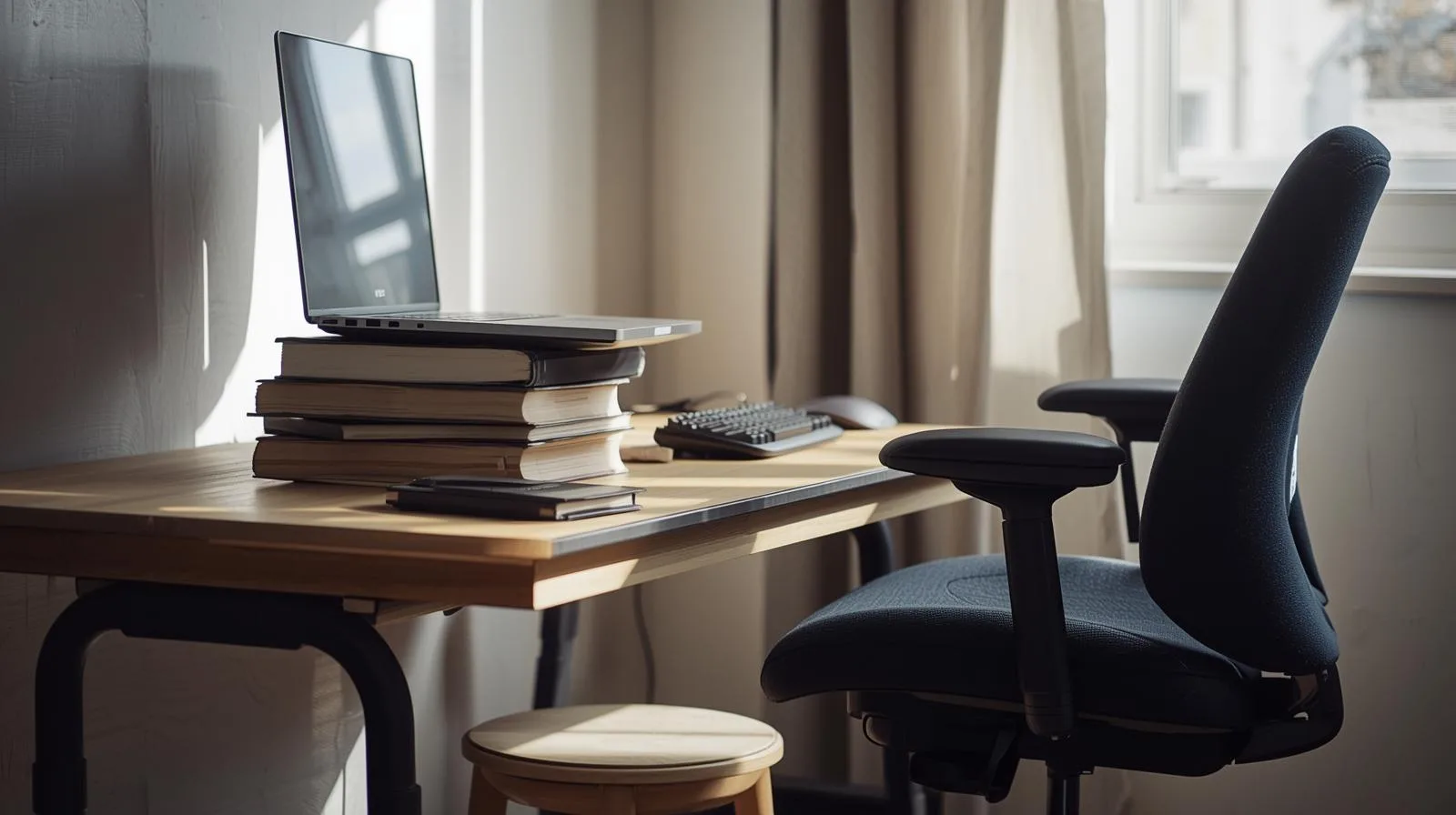 Setup de home office com laptop elevado por livros e apoio para pés, mostrando adaptação ergonômica acessível.
