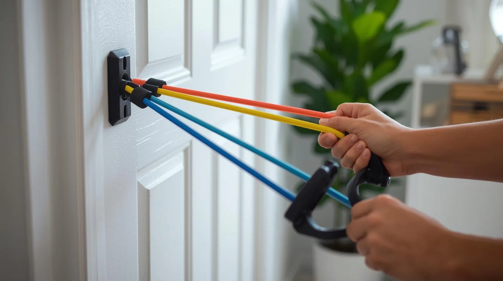 Você não precisa de academia. Faixas elásticas + uma porta = seu equipamento de cross over em casa.
