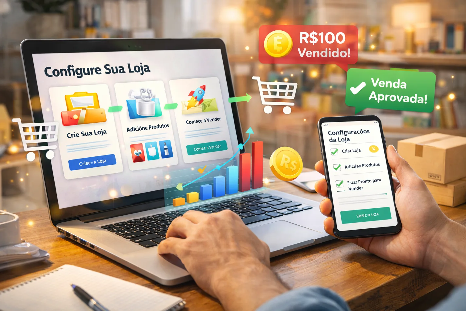 Pessoa configurando sua loja online, mostrando diferentes etapas do processo de vendas e representando como ganhar dinheiro com TikTok Shop, comércio eletrônico, empreendedorismo digital e marketing online passo a passo.