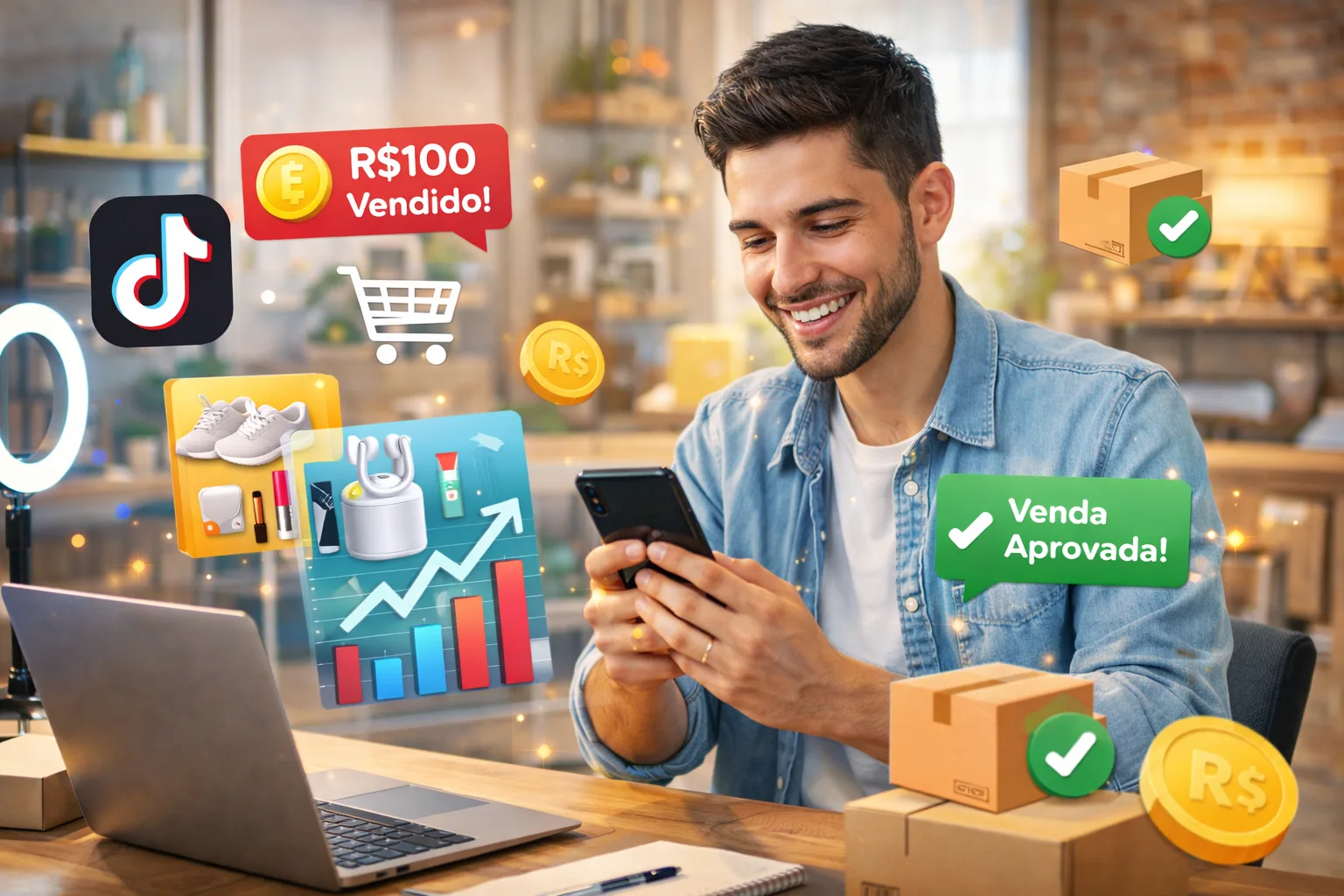 Homem jovem empreendedor usando celular e laptop, demonstrando como ganhar dinheiro com TikTok Shop, representando comércio eletrônico, vendas online e empreendedorismo digital.