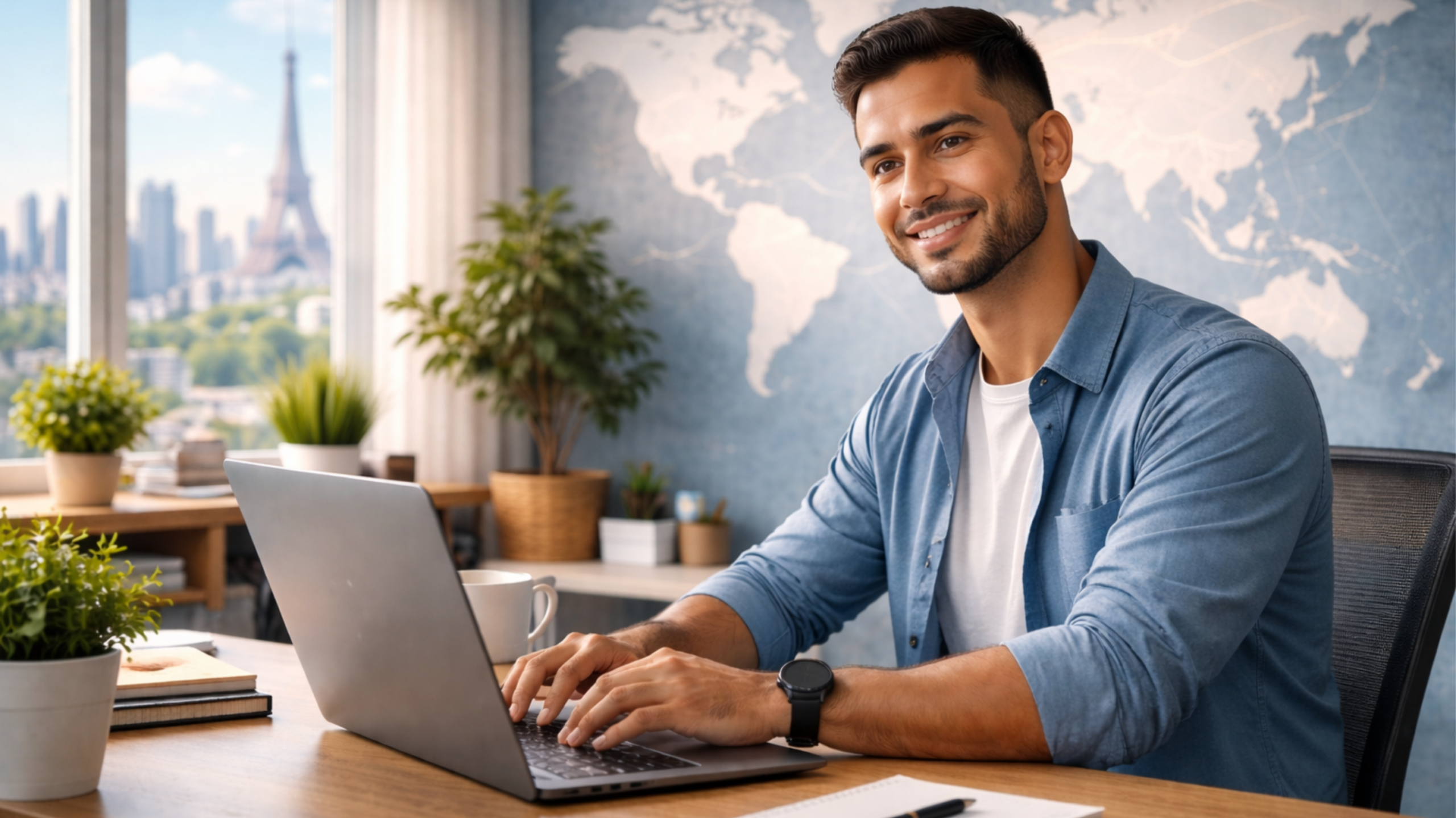 Jovem brasileiro trabalhando de home office para empresa internacional transmitindo foco, produtividade e liberdade, ideal para quem busca vagas home office no exterior.