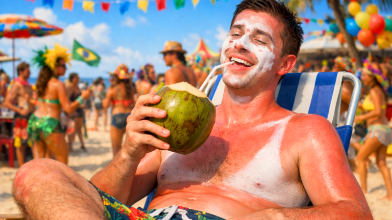 Jovem na praia se hidratando, representando cuidados com insolação pós carnaval 2026 – IMAGEM GERADA COM APOIO DE I.A.