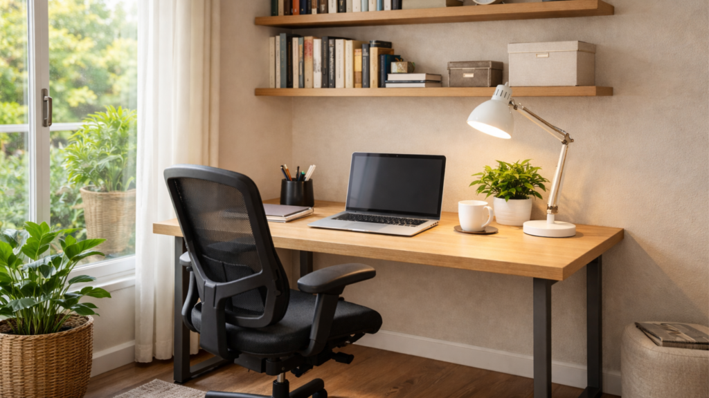 espaço home office com foco em conforto, organização e produtividade. — imagem gerada com apoio de i.a