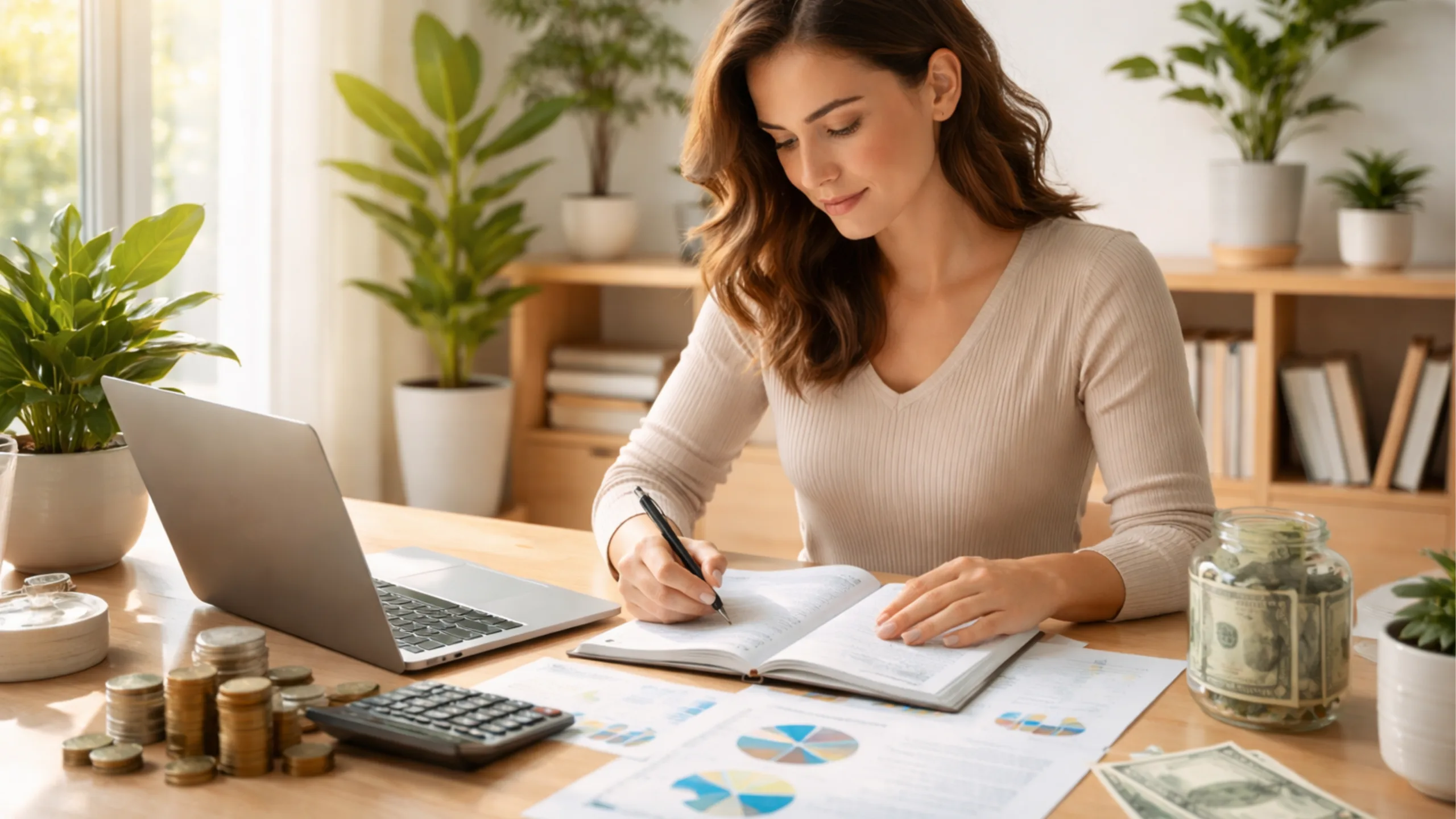 Mulher concentrada trabalhando em planejamento financeiro preparando-se para se tornar nômade digital.
