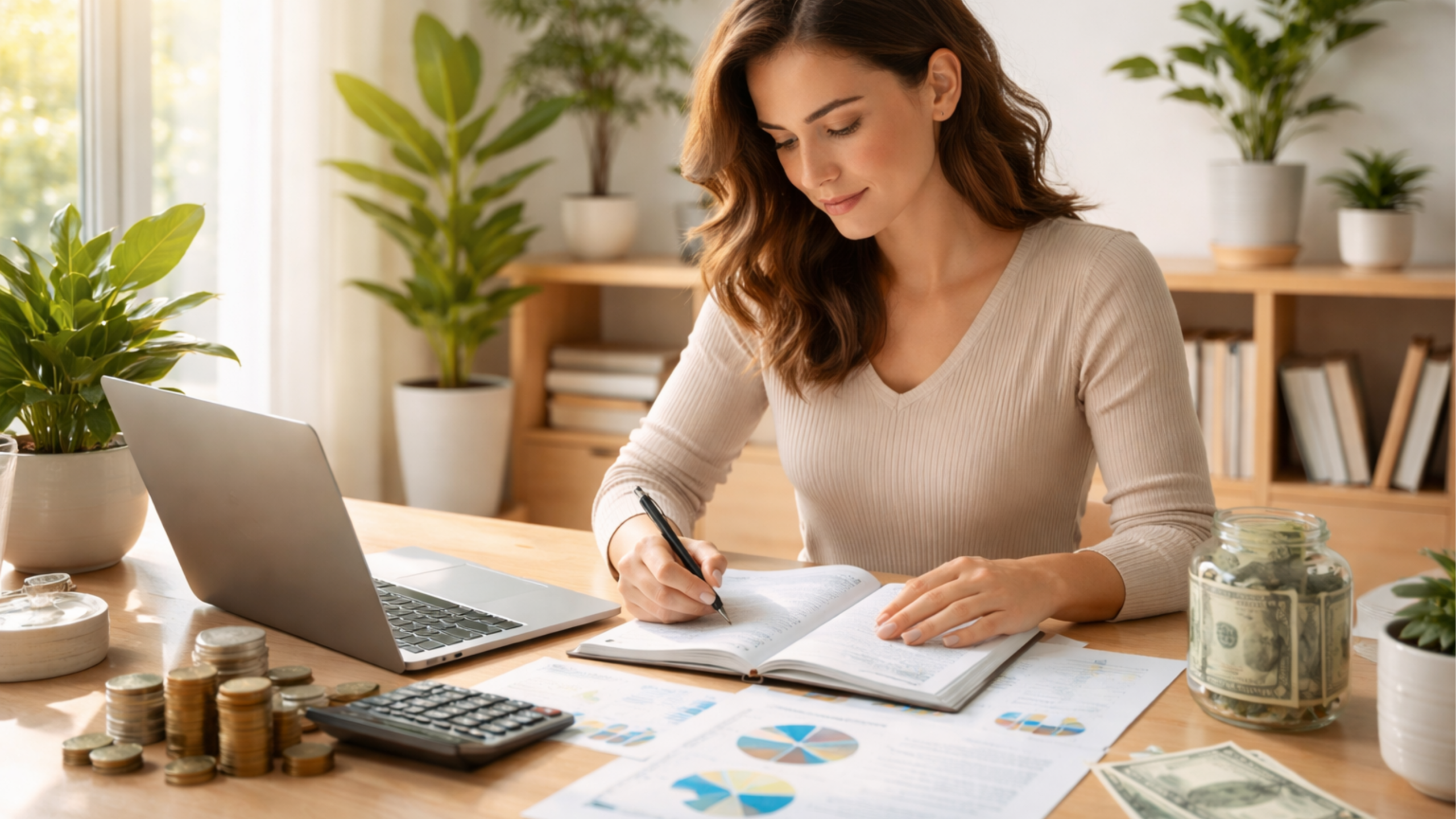 Mulher concentrada trabalhando em planejamento financeiro preparando-se para se tornar nômade digital.