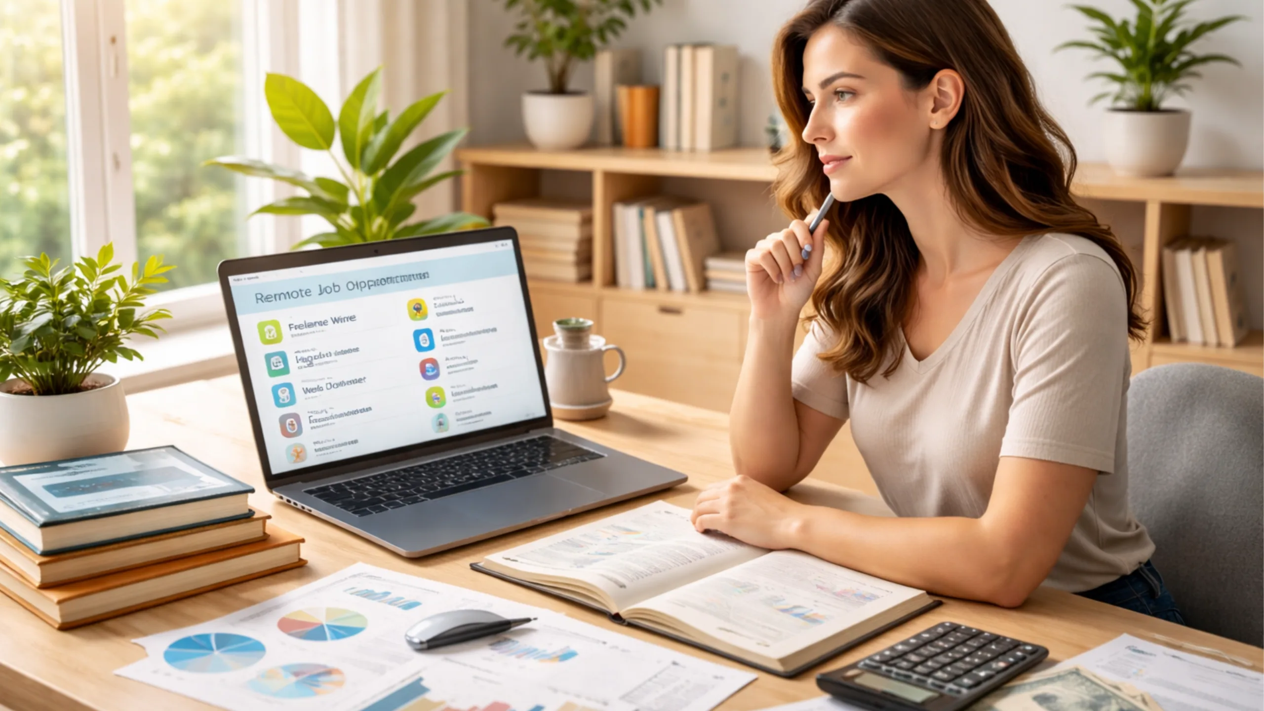 Mulher concentrada analisando planilhas e gráficos em notebook, planejando sua carreira para se tornar nômade digital e trabalhar remotamente.