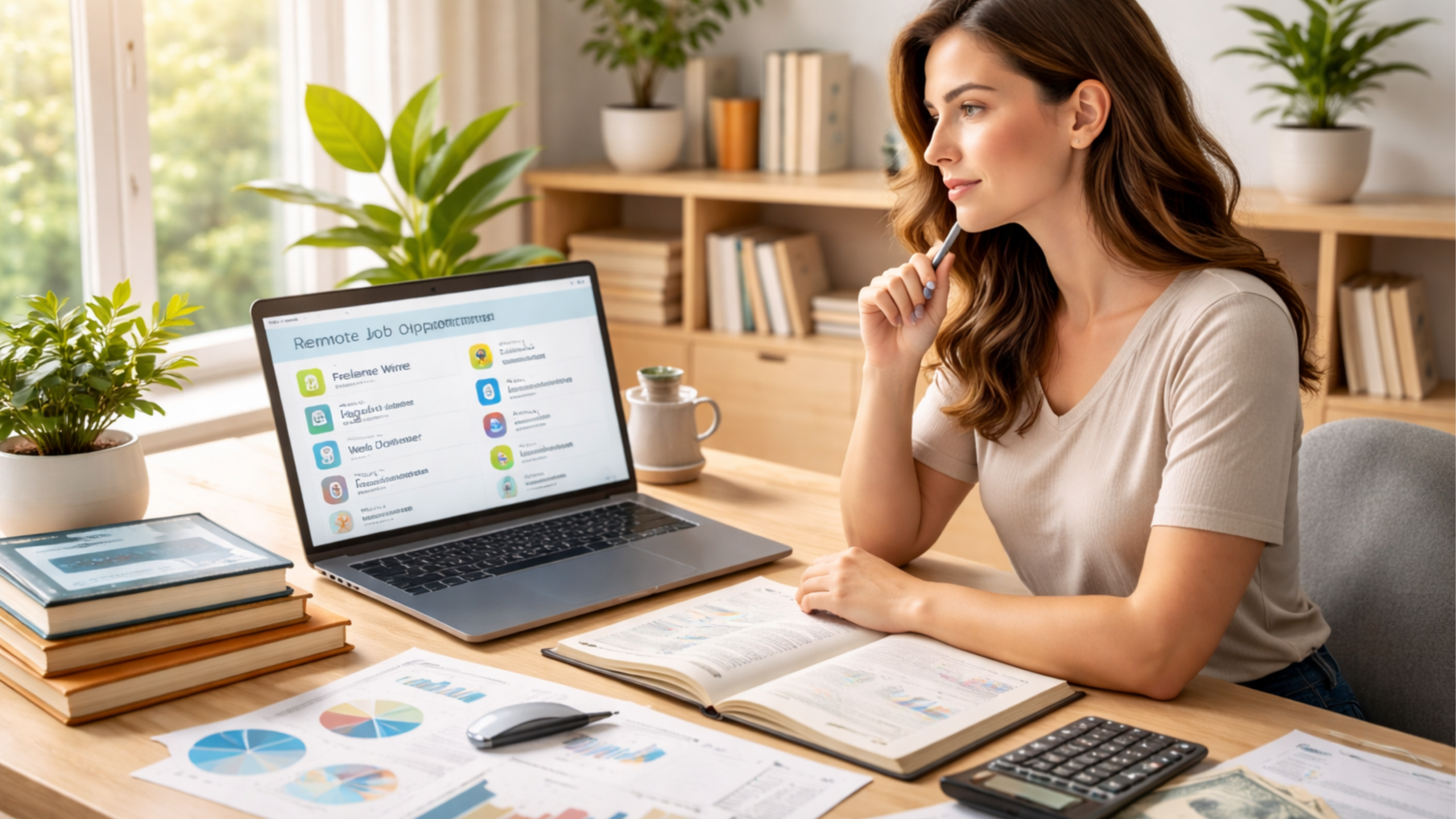 Mulher concentrada analisando planilhas e gráficos em notebook, planejando sua carreira para se tornar nômade digital e trabalhar remotamente.