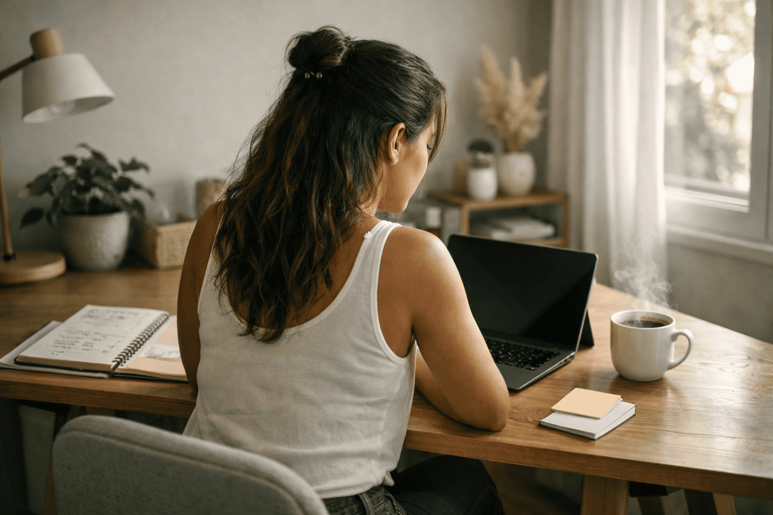 mulher atualizando perfil profissional para pós Carnaval 2026: vagas home office. – Imagem criada com apoio de ia.