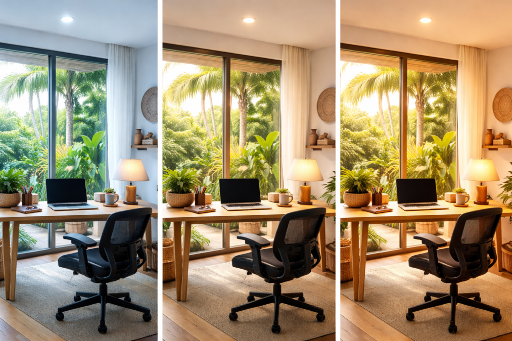 iluminação para home office: comparação de temperaturas de cor de lâmpadas – imagem gerada com apoio de i.a. 