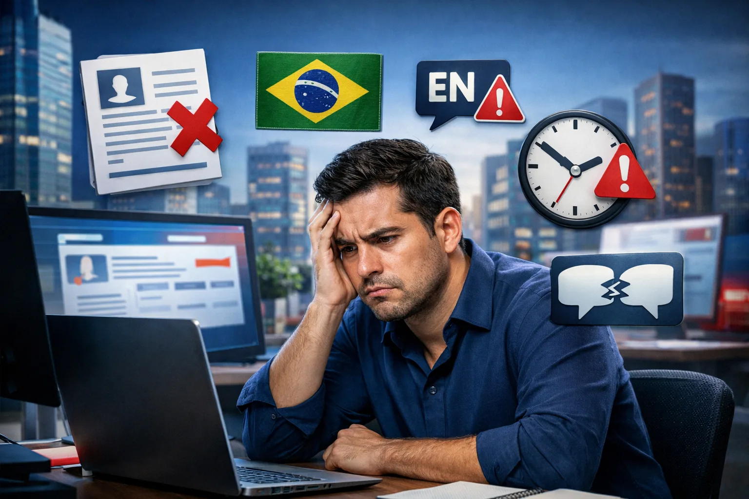 Profissional brasileiro frustrado trabalhando em home office com símbolos de erro como currículo rejeitado, alerta de idioma inglês e falha de comunicação, representando obstáculos que impedem acesso a vagas home office no exterior.