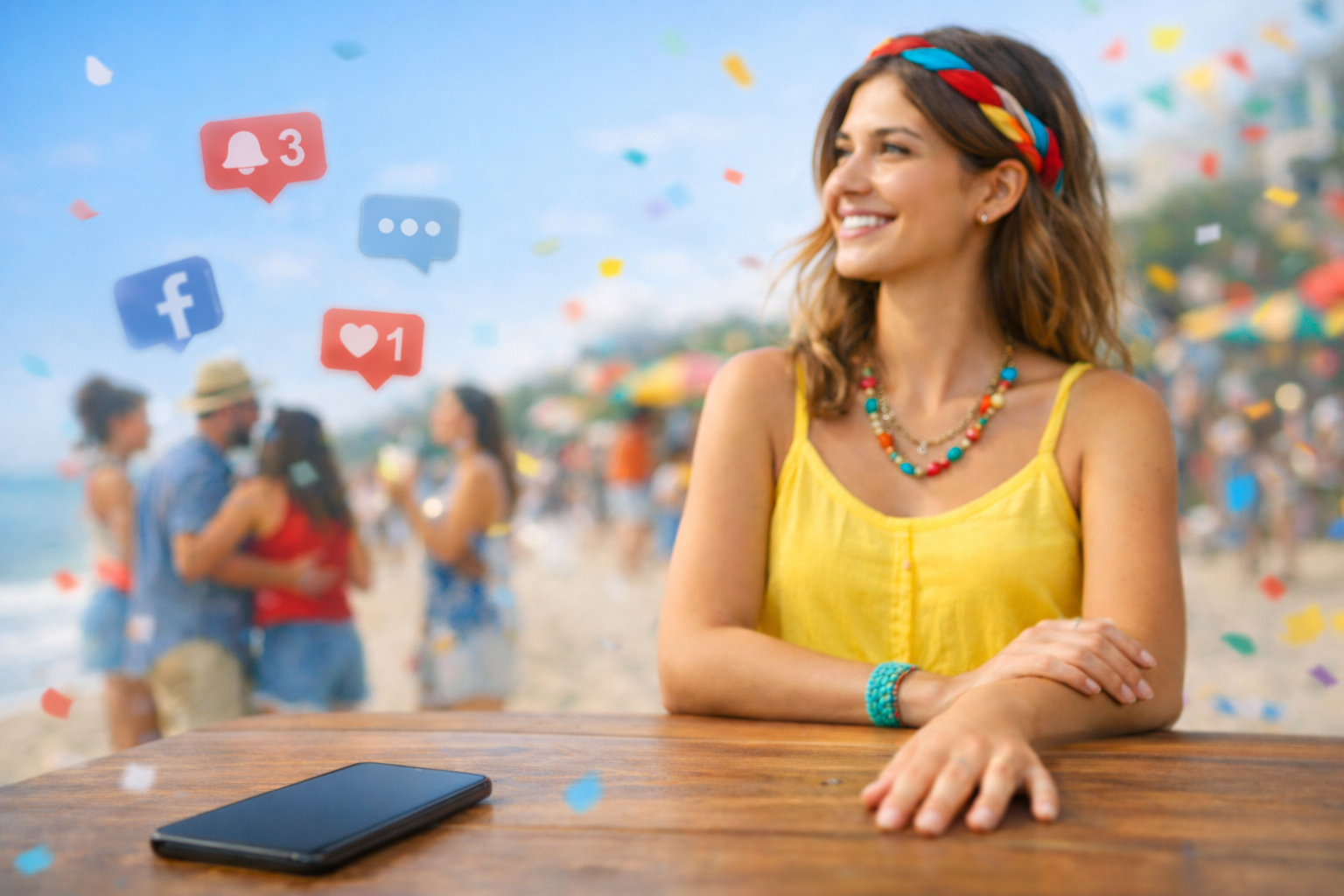 mulher curtindo o feriado e praticando detox digital no carnaval, com celular desligado sobre a mesa, resistindo à tentação das redes sociais e focando no momento presente.