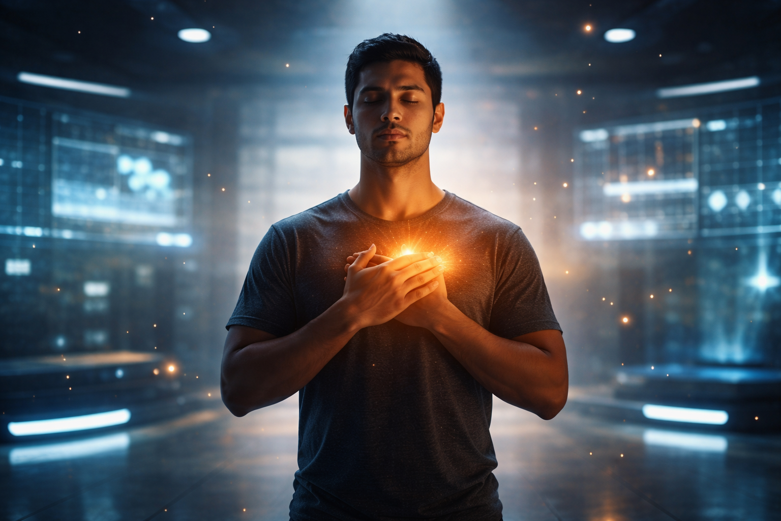 homem irradiando luz do coração priorizando saúde para metas no pós carnaval 2026 – imagem gerada com apoio de ia.