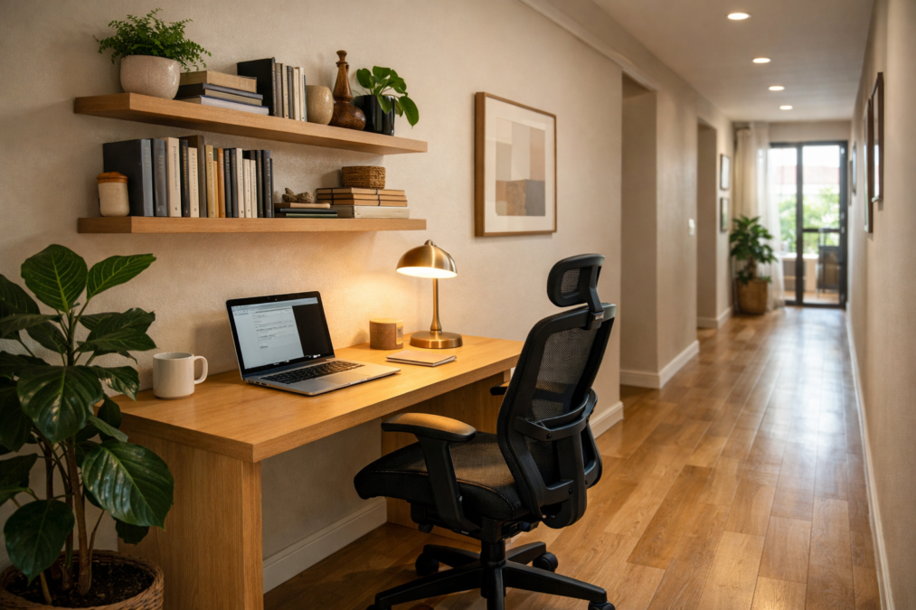 espaço home office adaptado em corredor de apartamento. — imagem gerada com apoio de i.a.