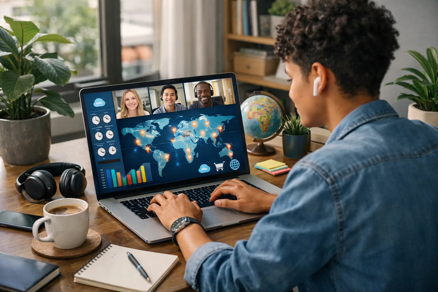 Jovem trabalhando em home office com notebook exibindo mapa mundial, fusos horários e videochamada com colegas de outros países, representando oportunidades de trabalho remoto por meio de vagas home office no exterior.
