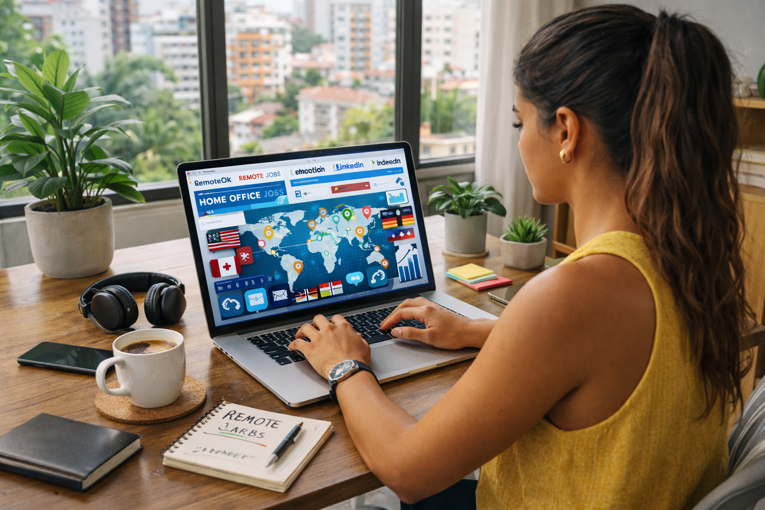 vagas-home-office-no-exterior Mulher jovem brasileira trabalhando em home office no Brasil enquanto pesquisa vagas home office no exterior.