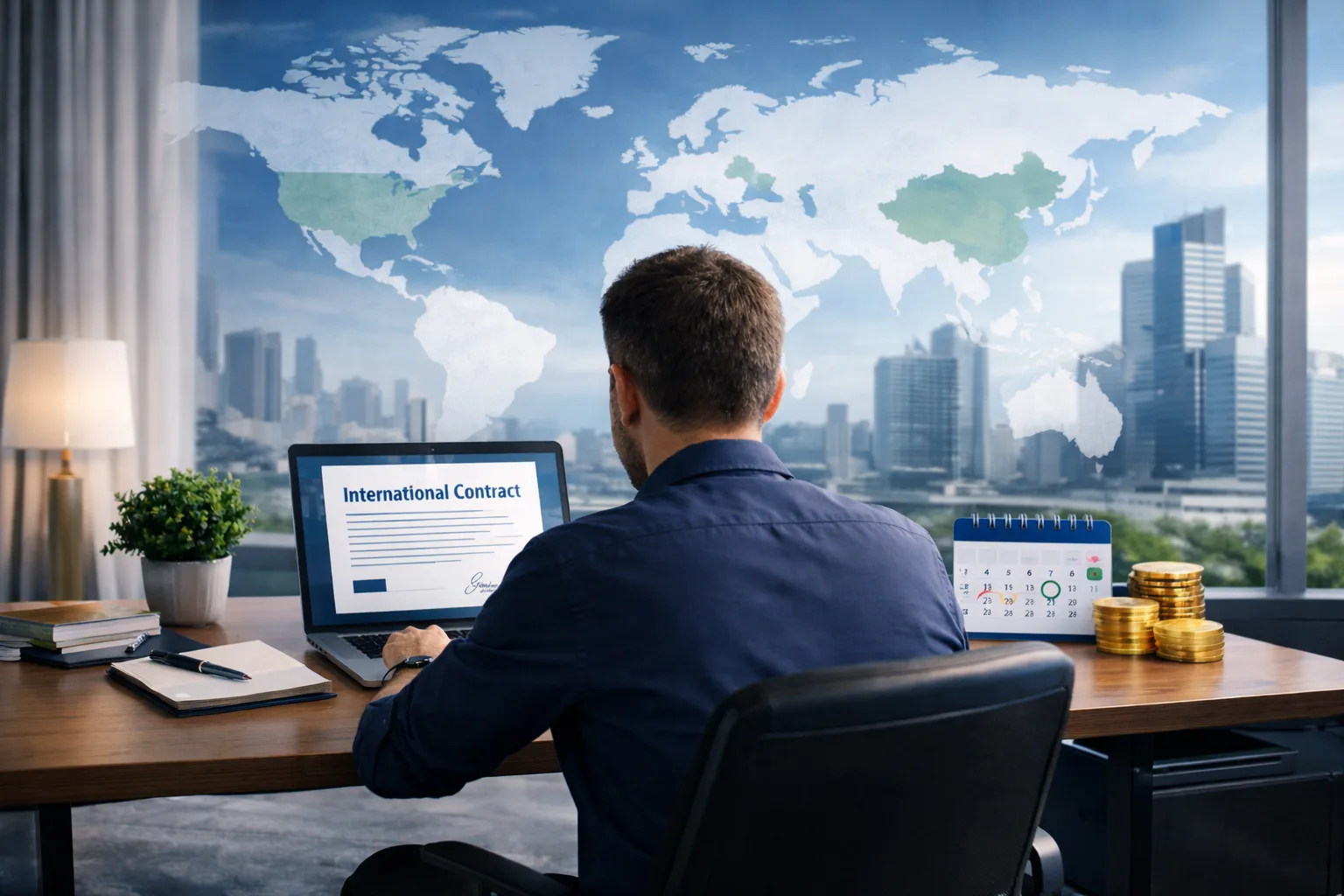 Profissional trabalhando em home office diante do notebook, transmitindo organização, planejamento financeiro e confiança para atuar no trabalho remoto internacional e conquistar vagas home office no exterior.