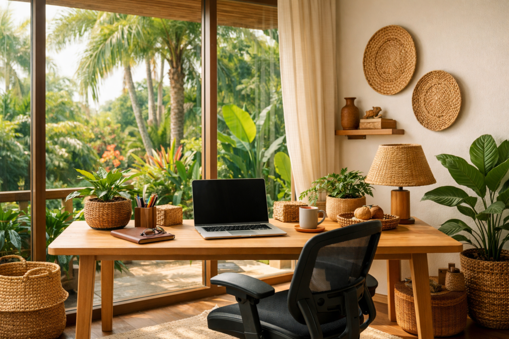 Iluminação para home office com luz natural – imagem gerada com apoio de i.a. 
