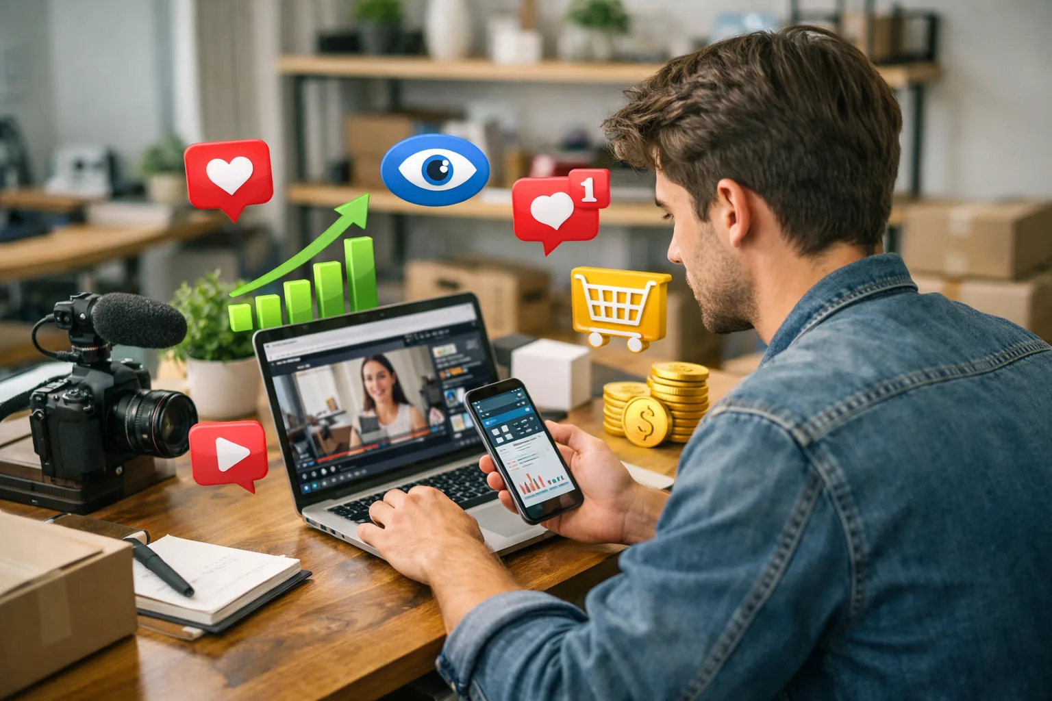 Homem jovem criando conteúdo de marketing digital representando estratégias para ganhar dinheiro com TikTok Shop. 