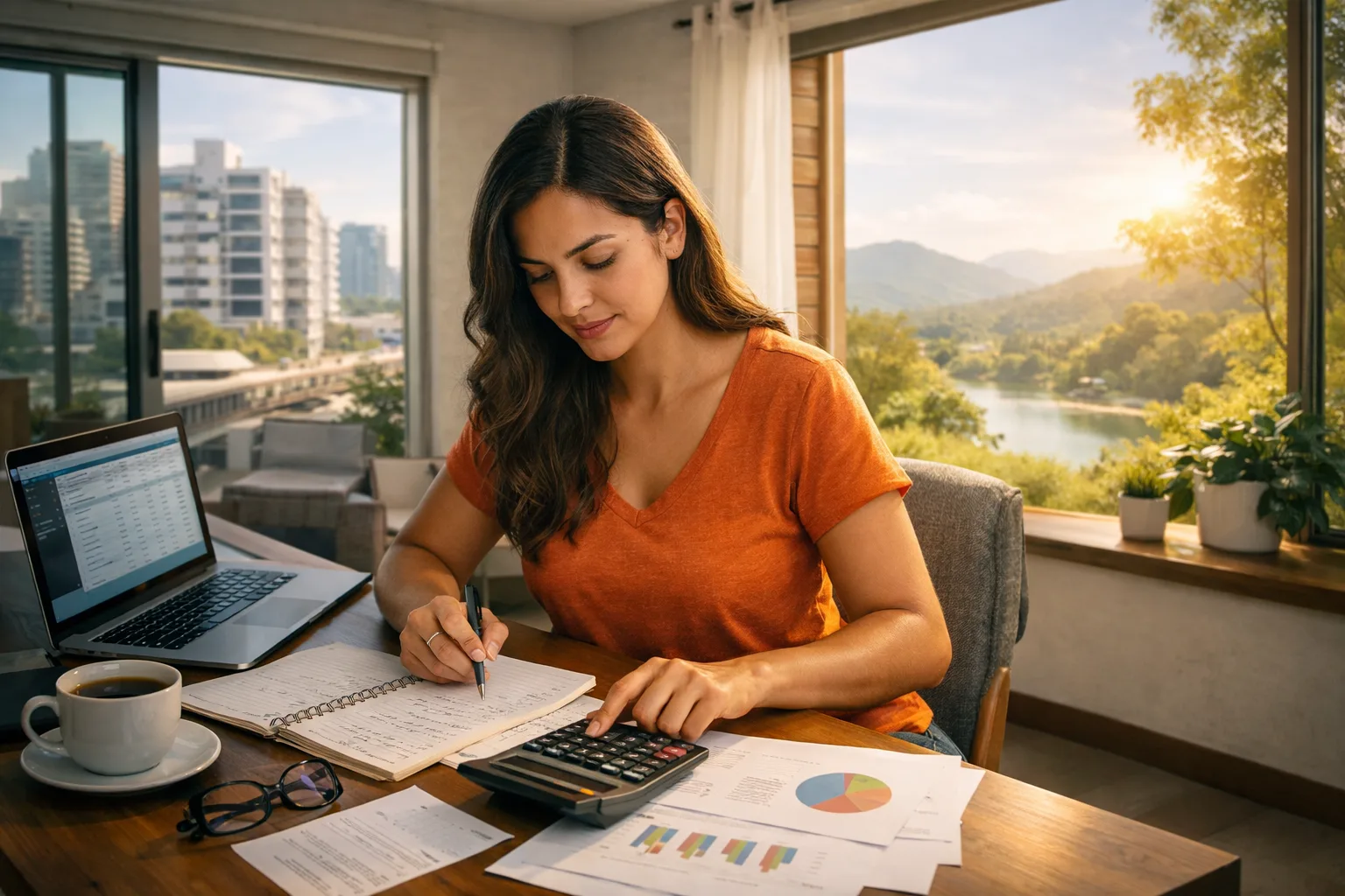 Mulher fazendo planejamento financeiro para avaliar a viabilidade de trabalhar em trabalho remoto em uma cidade barata.