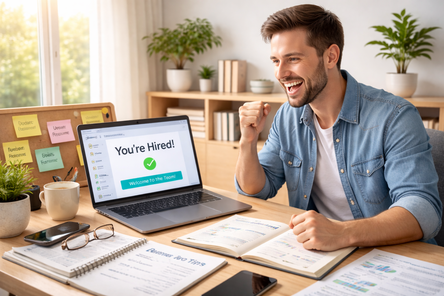 Homem comemorando a conquista do primeiro trabalho remoto em home office, planejando sua jornada como nômade digital com notebook, anotações e checklist concluído.