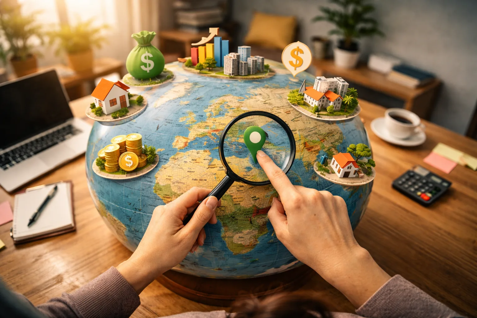 Mulher apontando para um globo com mapa-múndi, escolhendo uma cidade estratégica para trabalhar em trabalho remoto que ofereça baixo custo, boa infraestrutura e qualidade de vida.