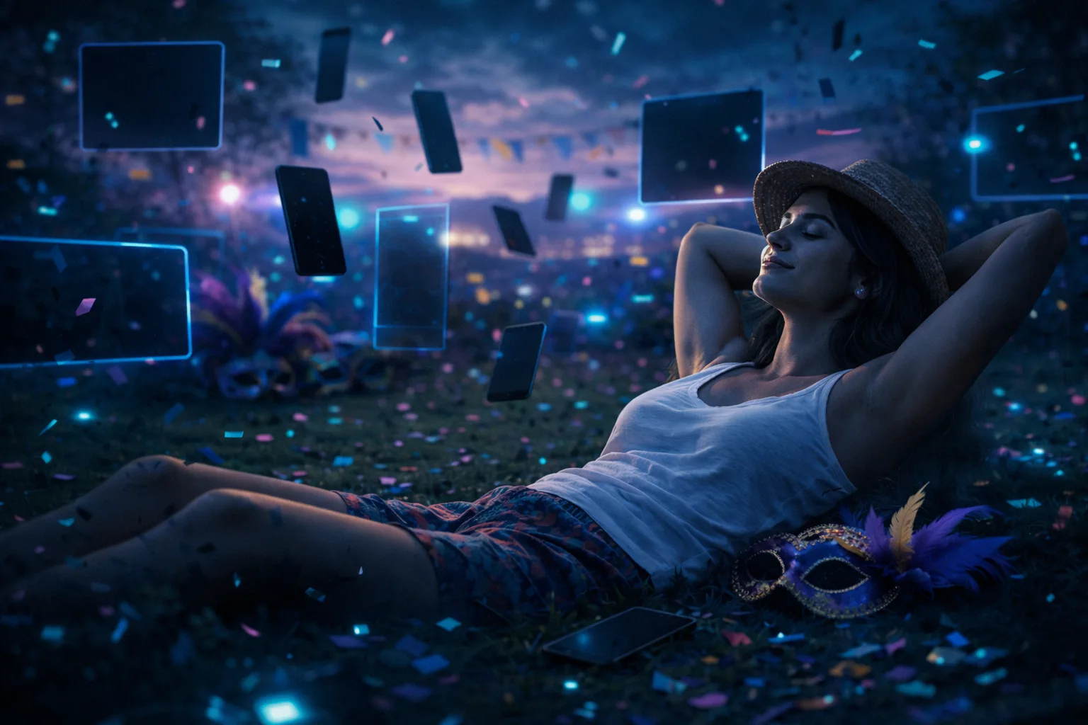Mulher relaxando ao ar livre, desconectada de celulares e telas, aproveitando um momento de bem-estar e liberdade durante o detox digital no carnaval.