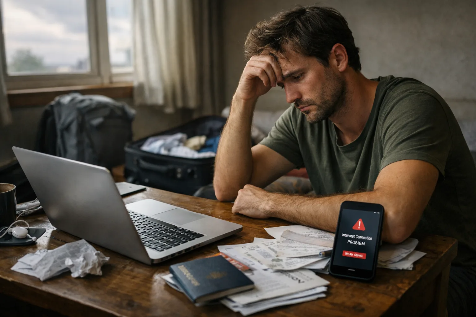Nômade digital iniciante trabalhando remotamente com expressão de frustração e reflexão. Mesa com anotações, contas, passaporte, celular, representando imprevisto financeiro e problema de internet.