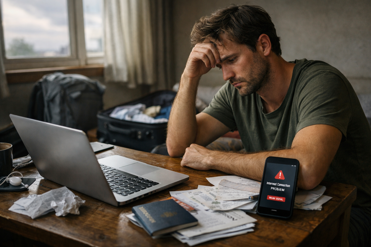 Nômade digital iniciante trabalhando remotamente com expressão de frustração e reflexão. Mesa com anotações, contas, passaporte, celular, representando imprevisto financeiro e problema de internet.