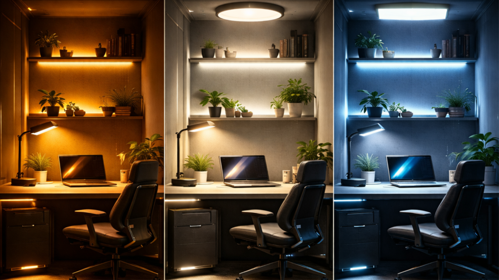 Iluminação para home office com efeitos de luz quente, neutra e fria – imagem gerada com apoio de i.a.