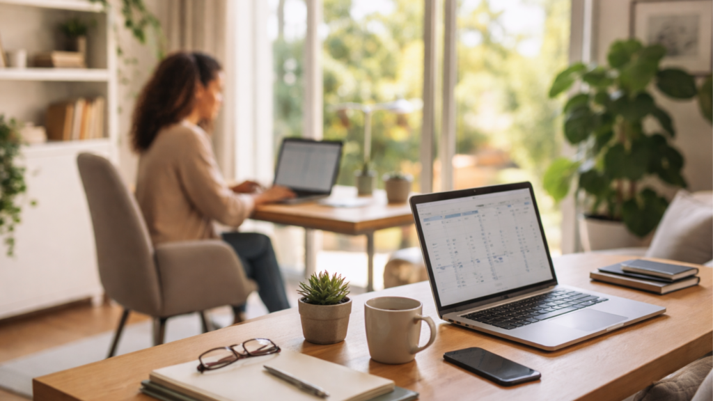 Home office moderno iluminado pelo sol