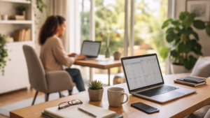 Home office moderno iluminado pelo sol