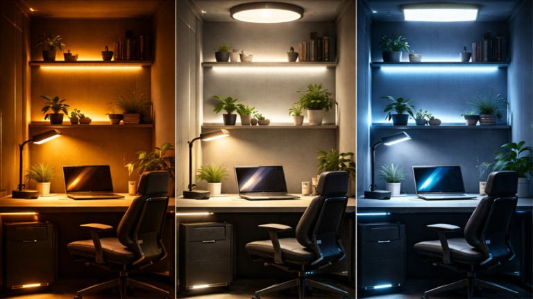 Iluminação para home office com efeitos de luz quente, neutra e fria – imagem gerada com apoio de i.a.