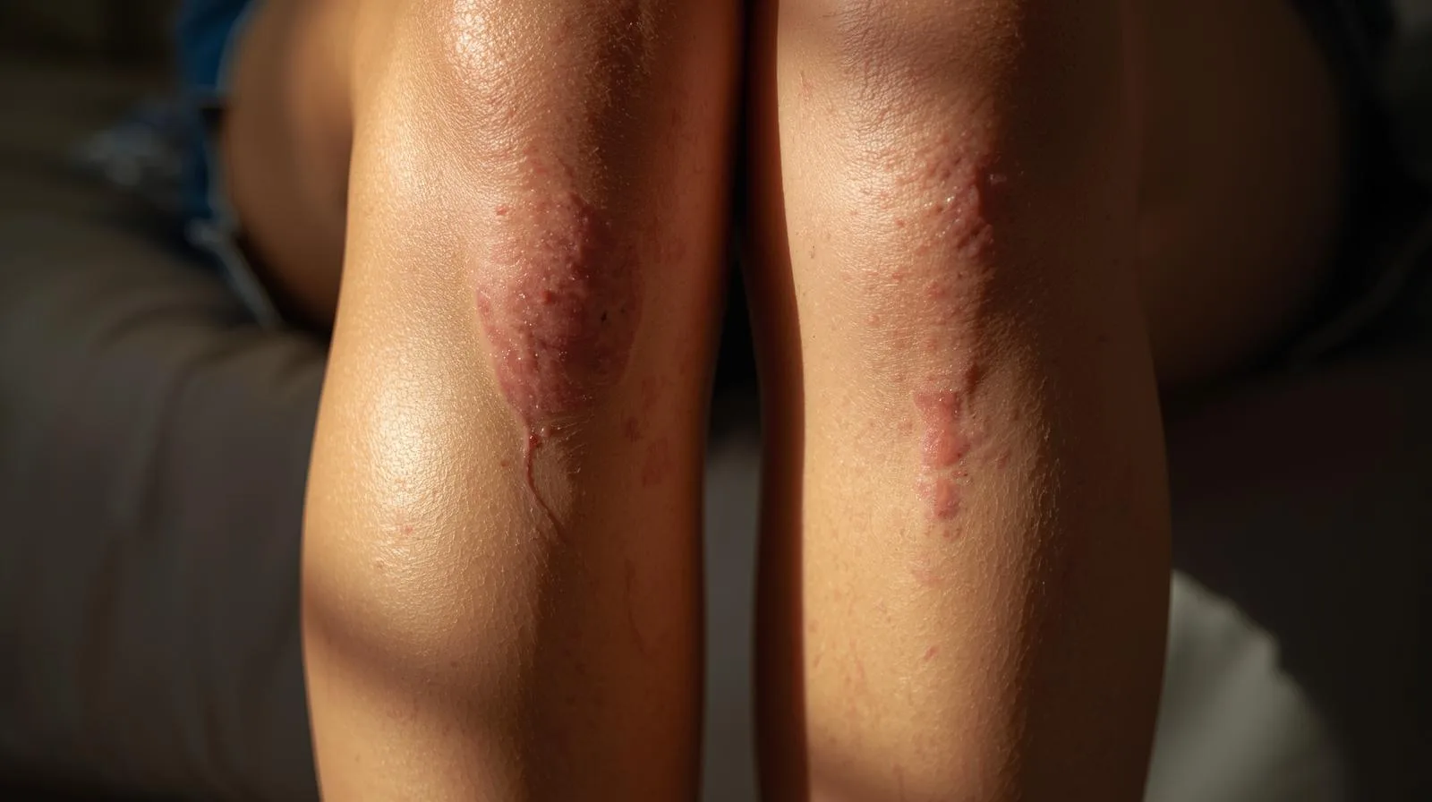 Detalhe das pernas com veias visíveis e pele ressecada em luz natural, mostrando alterações reais associadas à má circulação.