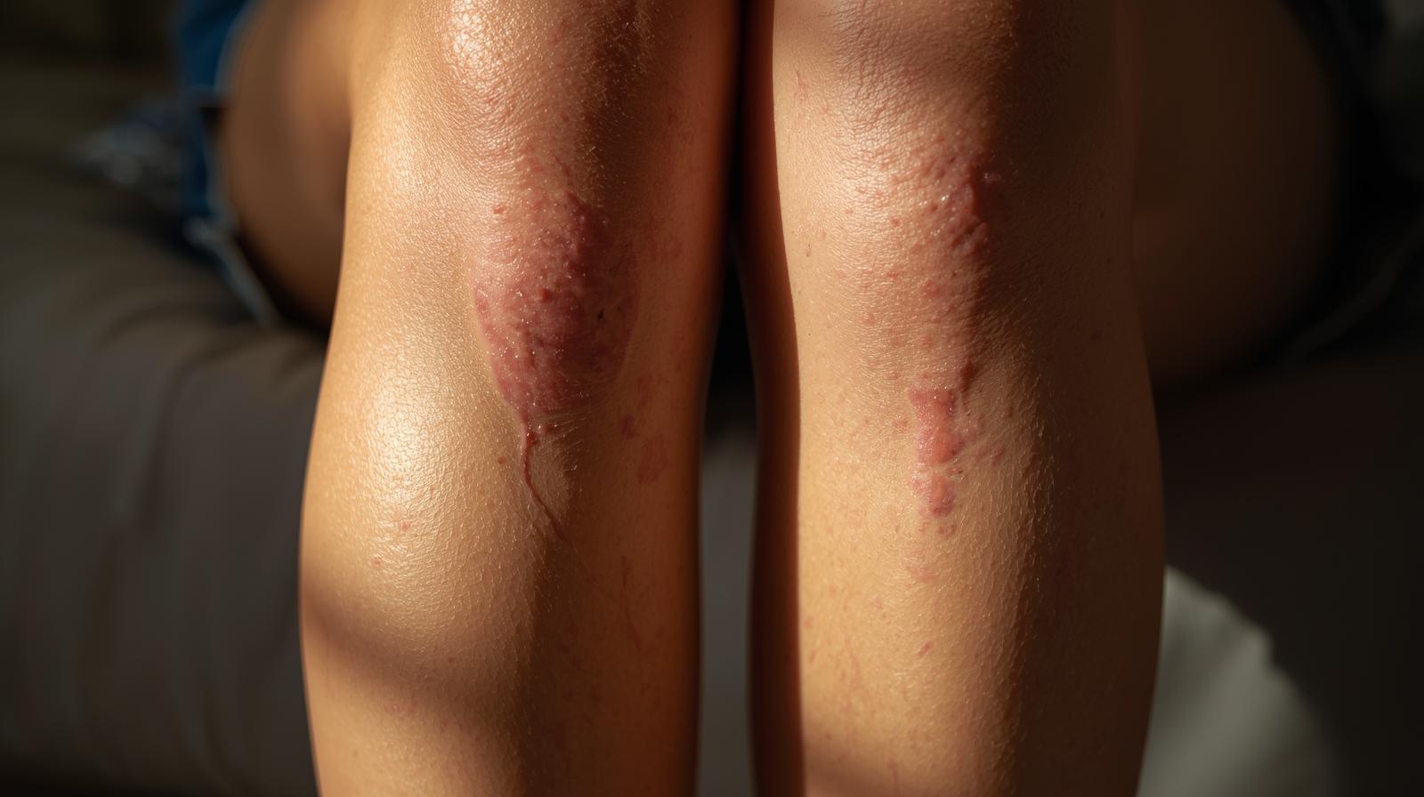 Detalhe das pernas com veias visíveis e pele ressecada em luz natural, mostrando alterações reais associadas à má circulação.