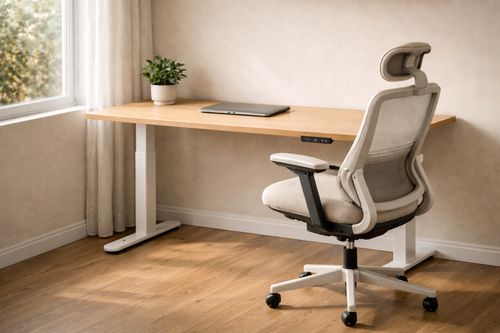 Espaço Home Office: Mesa Com Regulagem de Altura e Cadeira Ergonômica | Crédito: Portal Vou De Home 