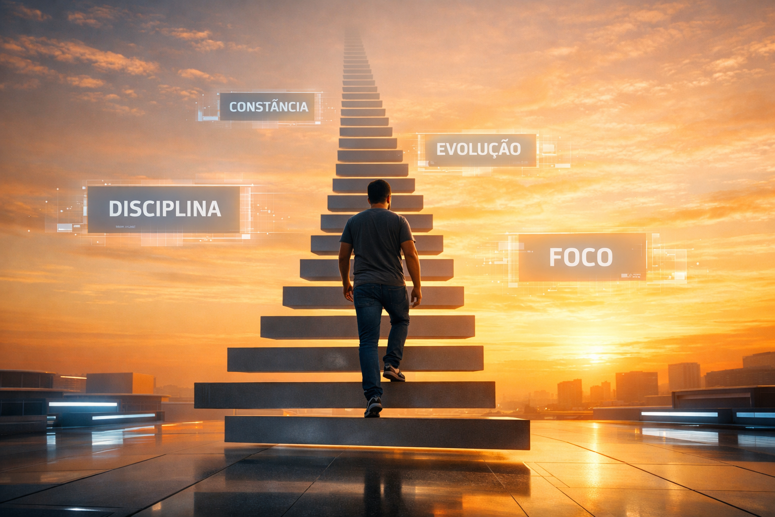 homem subindo escada simbolizando evolução e disciplina no pós carnaval 2026 – imagem gerada com apoio de ia.