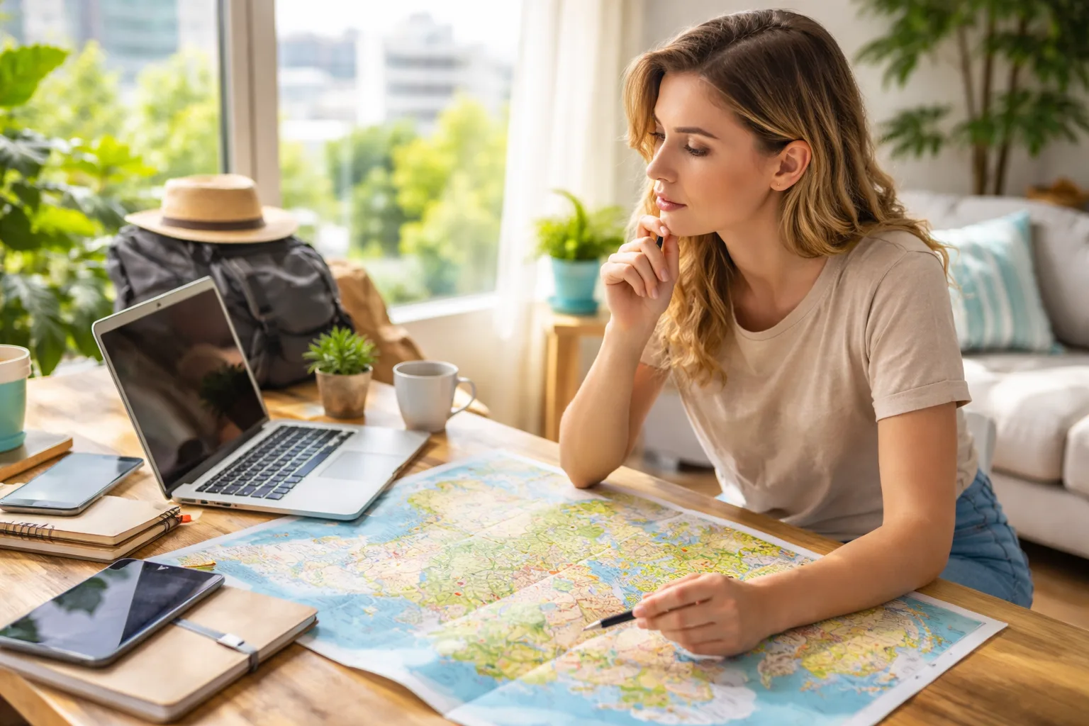 Mulher analisando mapa de cidades para escolher um local financeiramente estratégico e viável para trabalho remoto.