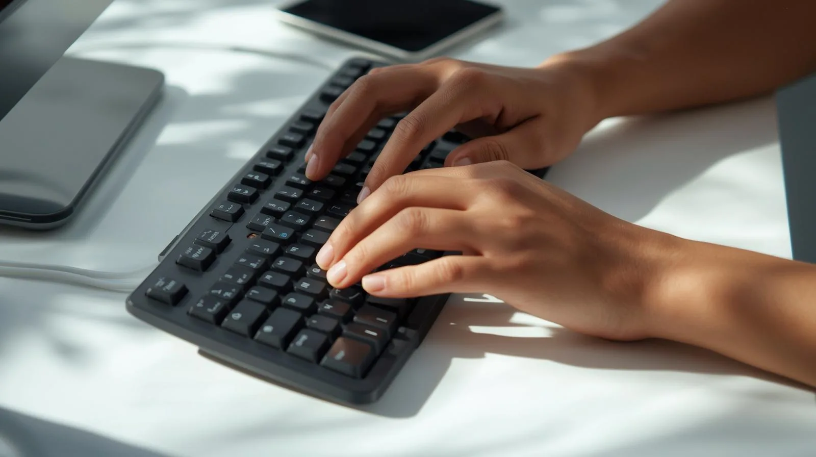 Um teclado ergonômico posiciona suas mãos na largura dos ombros, eliminando torções que comprimem nervos e tendões.Um teclado ergonômico posiciona suas mãos na largura dos ombros, eliminando torções que comprimem nervos e tendões. 