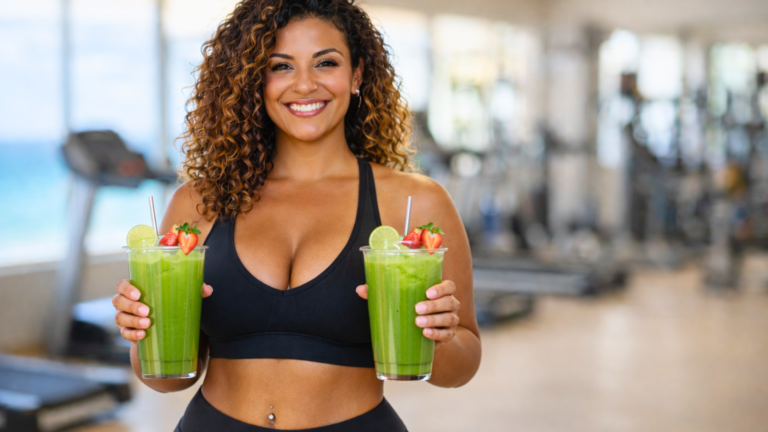detox pós carnaval 2026: mulher na academia com suco detox — imagem gerada com apoio de i.a.