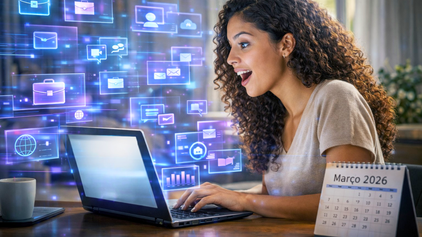 Mulher surpresa ao encontrar diversas vagas home office disponíveis no pós carnaval 2026 — imagem gerada com apoio de i.a.