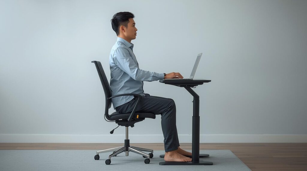 Perfil de pessoa com postura neutra, pés apoiados e quadris nivelados, em setup ergonômico de home office