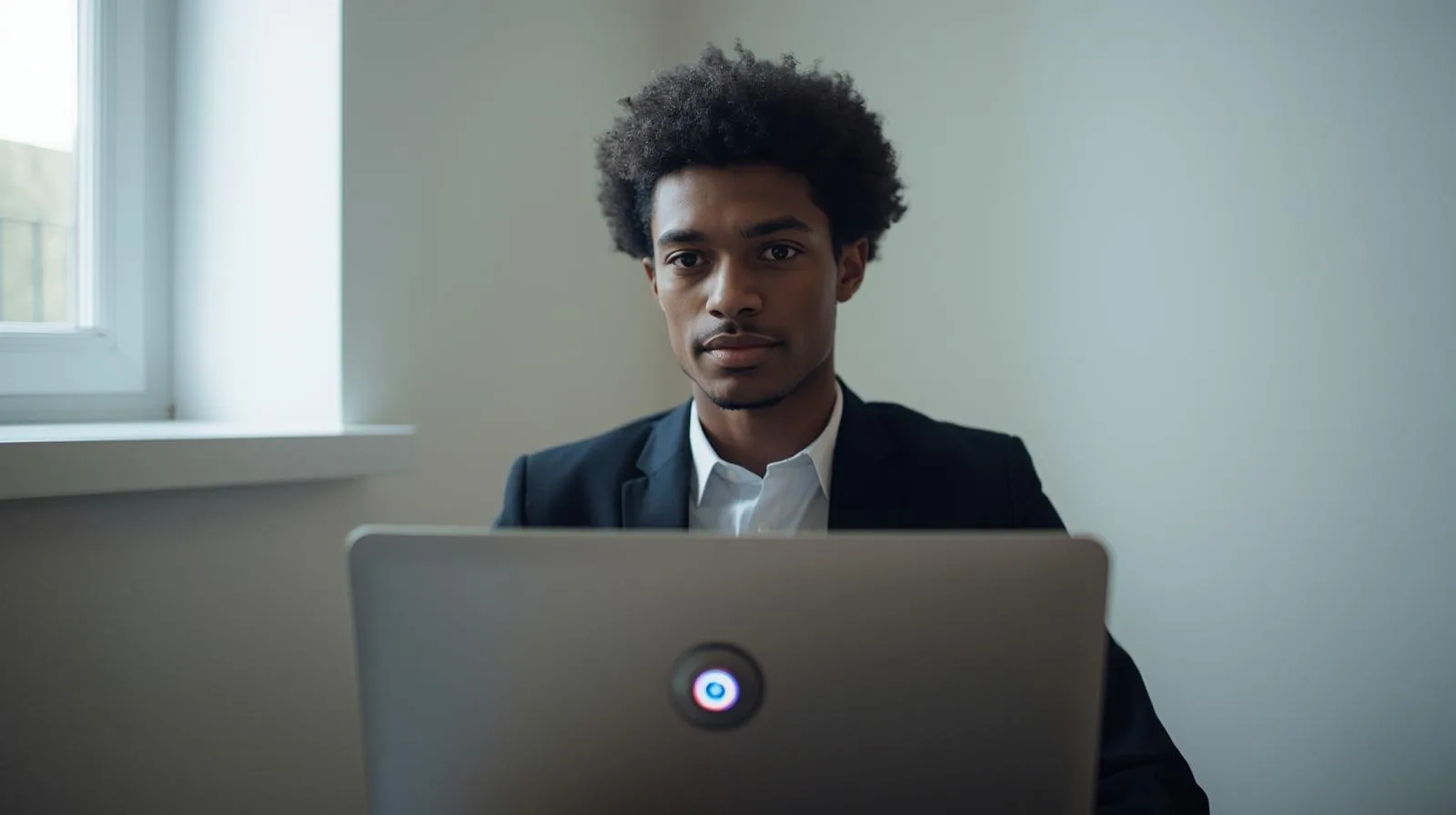 Pessoa em entrevista virtual com fundo neutro, iluminação natural e postura profissional, em ambiente de home office preparado.