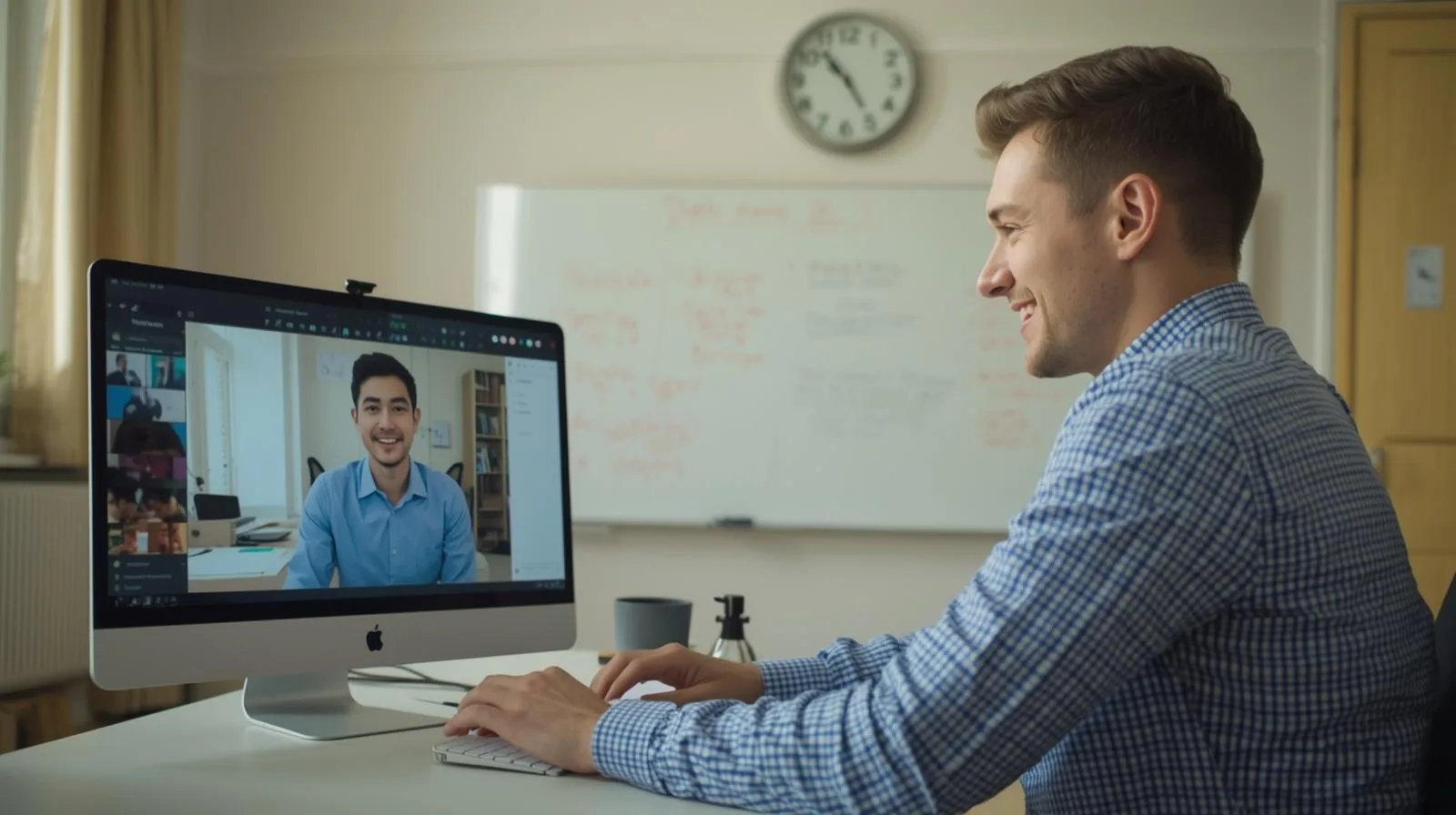 Professor ministrando aula de inglês online pela manhã, com quadro branco e horário visível, em ambiente acolhedor.